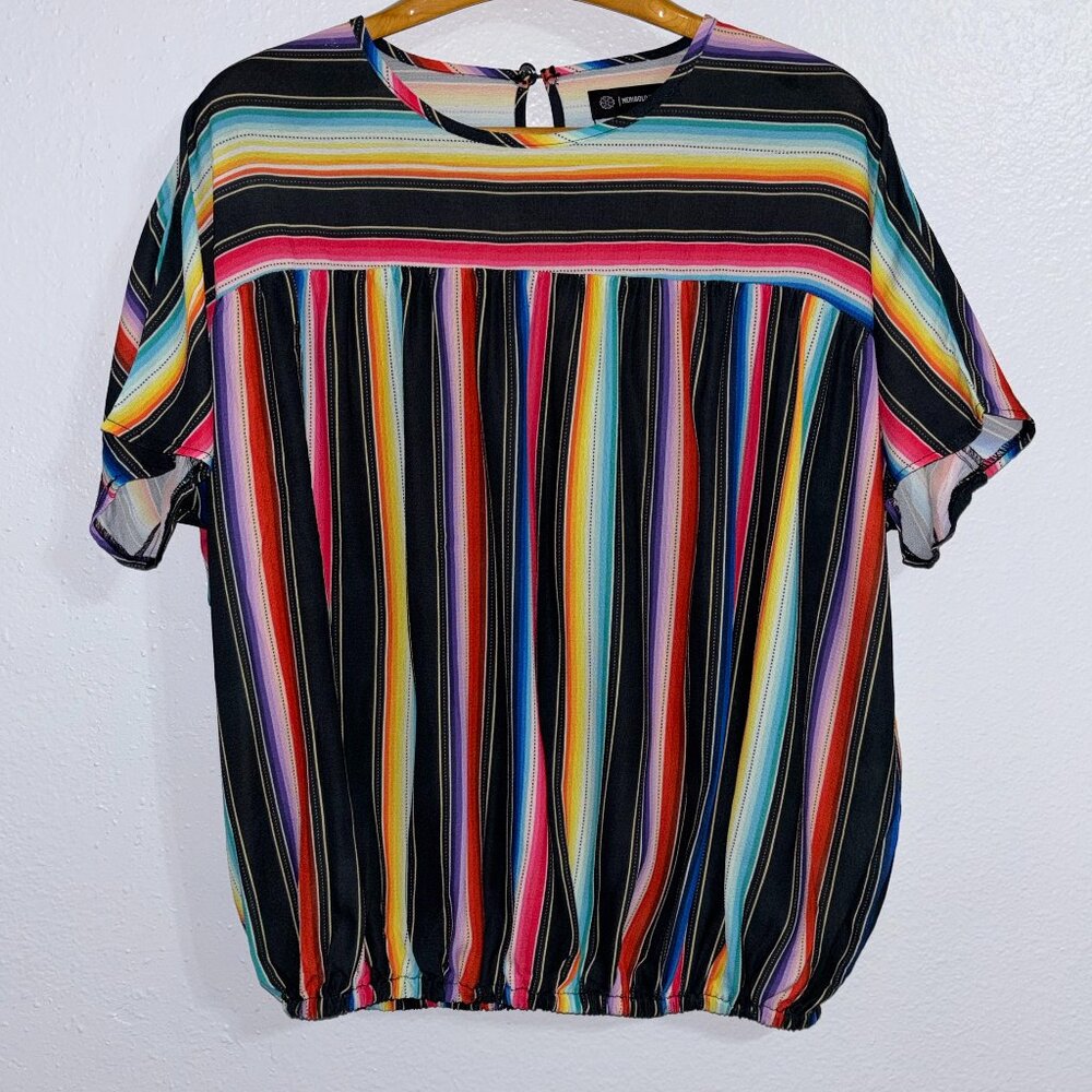 Merigold Kiss Multicolor Stripe Top Women’s Large Short‎ Sleeve Boho Peasant